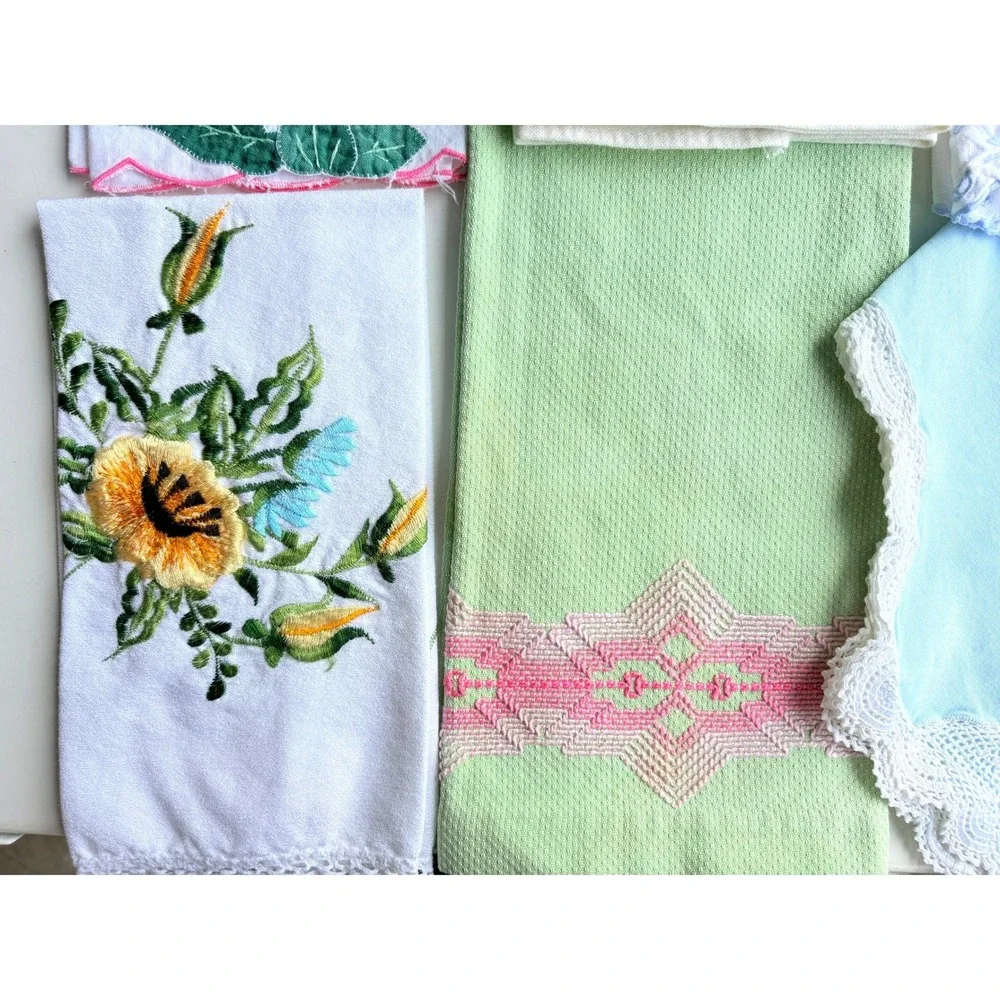 Vintage Hand Embroidered Linen Towel Lot 12pc Floral Lace Cottagecore Mixed Set